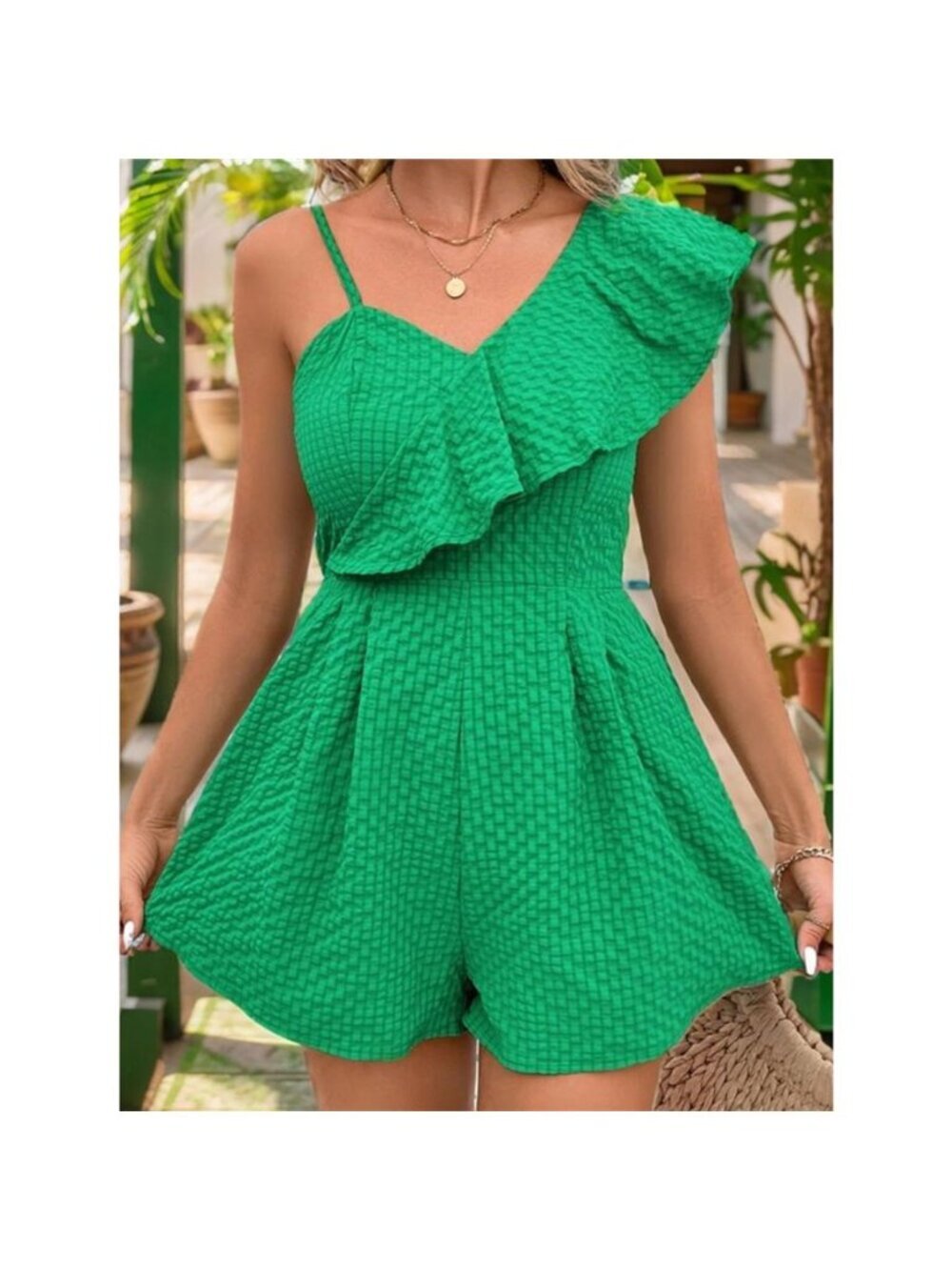 Smocked Back Asymmetrical Ruffled Romper - Picture 2 of 4